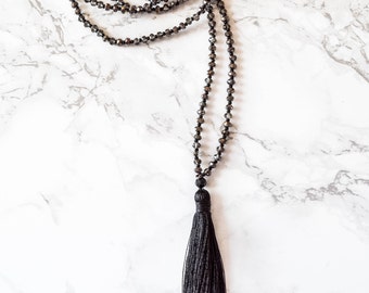 Beaded black tassel necklace / Boho necklace / Long layering tassel necklace