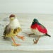 Vintage Wolin Birds - Feathered Birds circa 1950s - made in Hong Kong - Yellow and Brown Bird - Red and Black Bird with Glass Eyes
