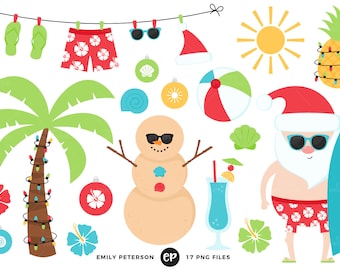 50% OFF SALE! Christmas in July Clip Art, Tropical Santa Clipart, Christmas Beach Clip Art - Commercial Use, Instant Download