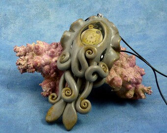 Steampunk Cuttlefish Necklace, Polymer Clay Neo-Victorian Pendant