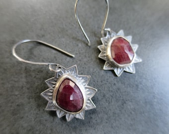 Natural Ruby Stamped Silver Earrings