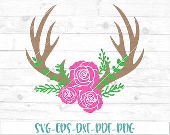 Antler floral swag svg, eps, dxf, png, cricut, cameo, scan N cut, cut file, deer antlers svg, boho svg, country svg, rose bundle svg