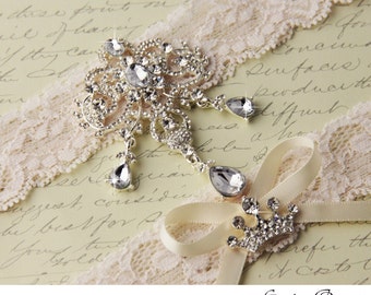 Ivory Lace Garter Set, Wedding Garter Set, Bridal garter Set, Rhinestone Garter, Ivory Garter