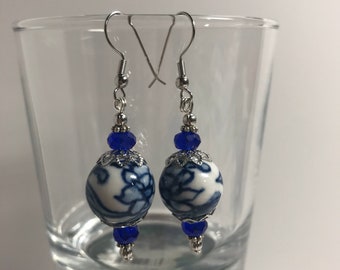 Blue and White Ceramic Drop Earrings