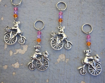 Bunny-Farthing Express: Bunny on a Bicycle Stitch Markers with Swarovski Crystals for Knitters & Crocheters