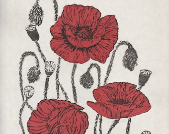 Poppies Linocut, Lino Block Print, White, Black, Red, Floral, Poppies for Remembrance
