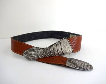 Vintage SNAKE Belt • 1980s Accessories • Unique Serpent Silver Belt Buckle Brown Leather Embellish Americana Western Nina Arjani Leatherock