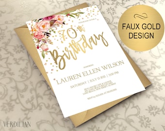 70th Birthday Invitation, Blush Gold Floral Birthday Party Invitation for Women, DIY Printable PDF Instant Download | VRD270BWT