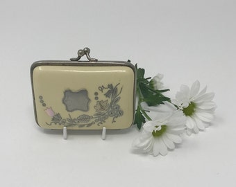 Antique Victorian Expandable Coin Purse - 1880s Celluloid Purse with Inlaid Floral Design in Silver and Mother Of Pearl