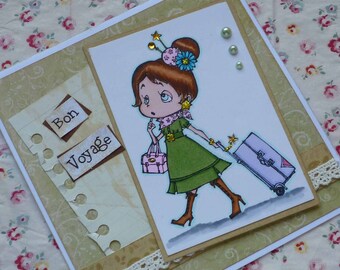 BON VOYAGE - Handmade blank greeting card with pretty tourist girl
