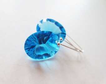 Blue quartz earrings. Blue earrings. London blue. Gemstone earrings. Sterling silver. Modern earrings. Sky blue. Front drilled earrings.