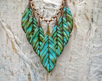 Turquoise statement necklace Inspirational necklace copper patina leaf necklace bohemian jewelry