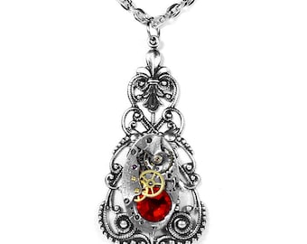 Steampunk Jewelry Womens Vintage Necklace WALTHAM Watch ORNATE Filigree Red Crystal Wedding Mothers Mom Gift - Jewelry by Steampunk Boutique