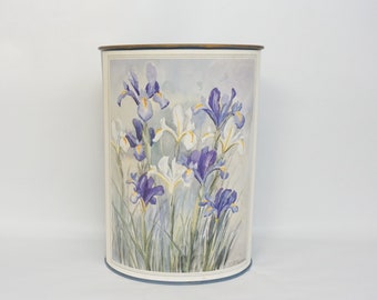 Vintage Watercolor Wastepaper Basket Iris Metal Wastepaper CanTin Litho Waste Can Cheesman