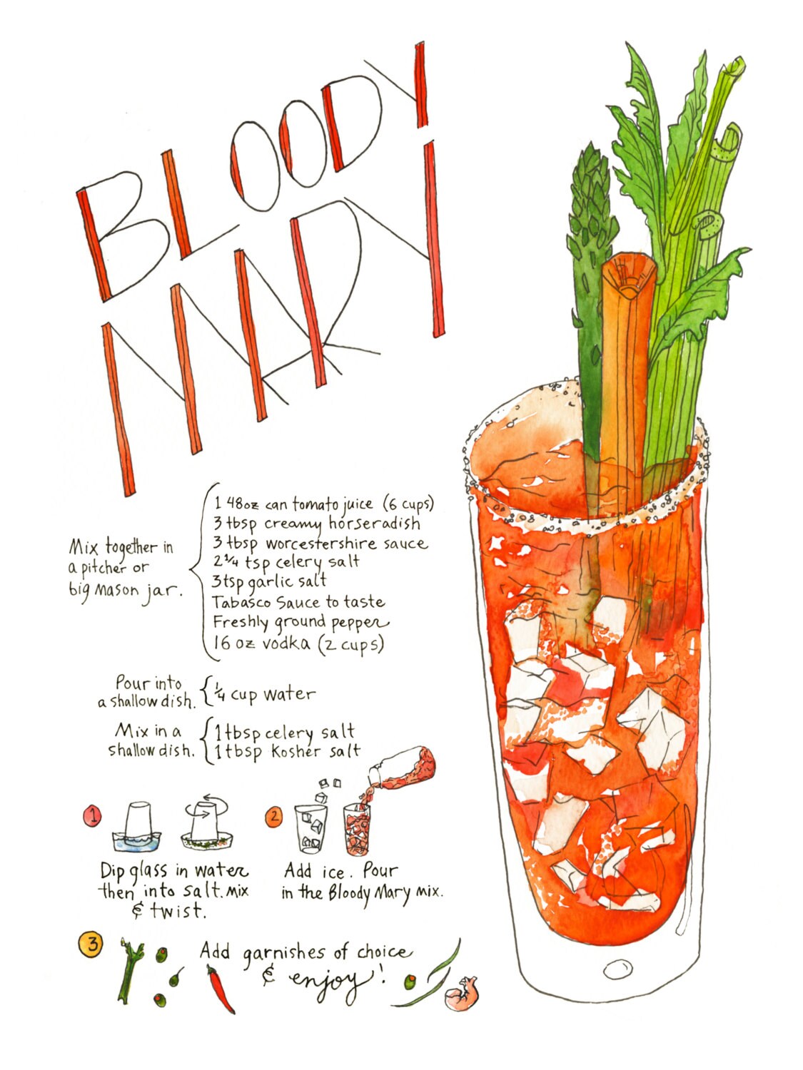 Bloody Mary Illustrated Recipe Art Print / Watercolor Cocktail