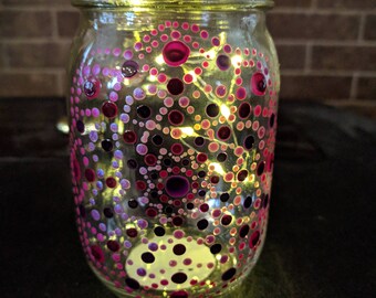 Dot Mandala Pint size mason jar with purple and pinks