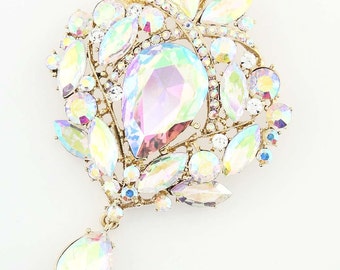 Rhinestone AB Brooch, Aurora Borealis Broach, Iridescent Gold Broach, Iridescent Bridal Sash Brooch, AB Crystal Broach, AB Brooches