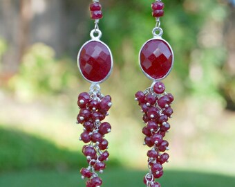SALE! Ruby Cascade Earrings, Sterling Silver Ruby Bezel, Genuine Ruby Gemstone, Ruby Leverback, Ruby Cluster Earrings Long Ruby Dangle