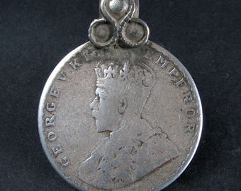 Antique silver coind pendant. 1912, India. Tribal , ethnic jewelry