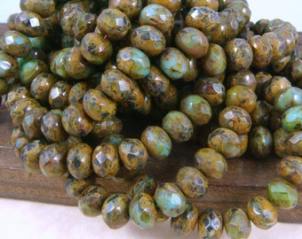 Czech Beads, 8x6mm Rondelle, Turquoise Czech Glass Beads - Rustic Turquoise Picasso Glass Beads (R8/RJ-0406) - Qty 12