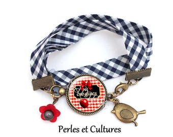 Bracelet cabochon A gingham eat ღ blancღ bow red black Apple love gift idea