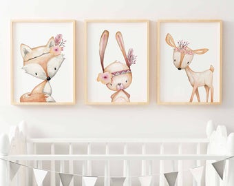 Woodland Nursery Prints | Forest Animal Wall Art | Floral Woodland Nursery Decor | Nursery Print Set | Girls Woodland Bunny, Fox, Deer