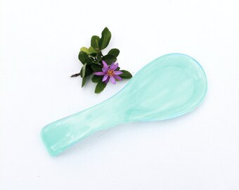 Fused glass spoon rest or dish in transparent light aquamarine blue feathery