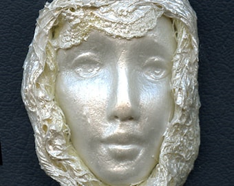 Polymer Clay One of a Kind White Pearl Face with Fabric Cab FFP 1