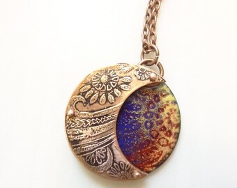 Moon Flower Pendant, Enameled, Etched, Riveted on Copper, Layered Copper, Artisan Jewelry, Mixed Media, OOAK, 3D