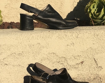 black leather slingback block heel mules (37)
