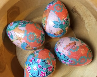 Tangerine Dreams Decoupage Paper Mache Easter Eggs: Set of 4