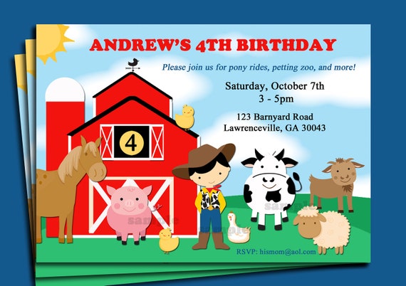 Barnyard Animal Farm Birthday Invitation Printable Or Printed Free Farm Birthday Invitation Templates