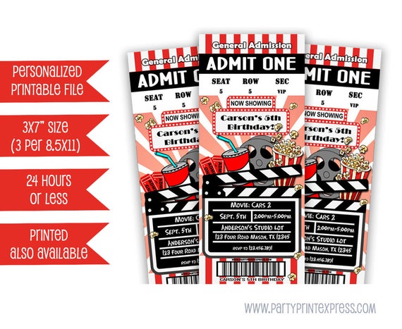 items similar to printable movie ticket invitation movie birthday