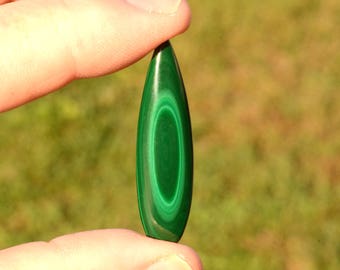 Malachite Tear Drop Cabochon, Hand Cut, Natural Gemstone, 41 x 11 x 6.3mm. Polished all the way around. #7958MAL
