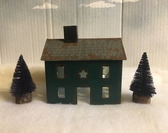 Rustic Tin House and Bottle Brush Trees Set