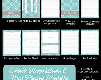 EDITABLE Recipe Binder Printables - Meal Planning - Recipe Sheet - Recipe Card - Weekly Meal Planner - Month - Recipe Divider - Grocery List