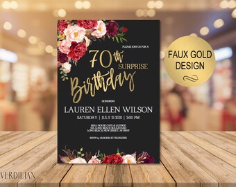 70th Surprise Birthday Invitation, Burgundy Gold Floral Birthday Party Invitation for Women, DIY Printable PDF Instant Download | VRD261THBS