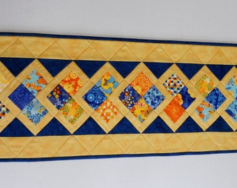 Quilted Table Runner in Blue and Yellow, Quilted Table Topper, Patchwork Table Runner, Birds and Butterflies, Spring Summer Table Quilt