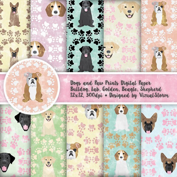 Dog Digital Paper Printable Paw Print Patterned Paper Dog