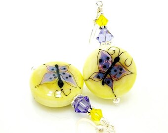 Yellow Earrings, Butterfly Earrings, Bright Earrings, Lampwork Earrings, Glass Bead Earrings, Glass Earrings, Butterfly Jewelry