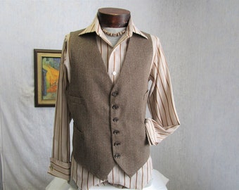 70s 47" XL Tweed Wool Herringbone Vest Waistcoat Brown