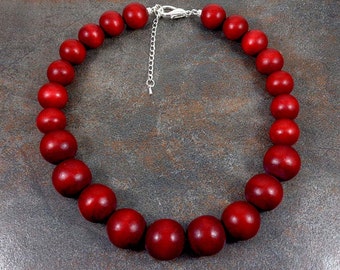 Wood Necklace, Red, Wooden Necklace, Statement Necklace, Red Bead Necklace, Burgundy, Cranberry Necklace, Chunky Necklace, Holiday Necklace
