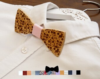 Flower wood Bow Tie, natural cherry wood, can be personalized with engraving and ribbon to choose