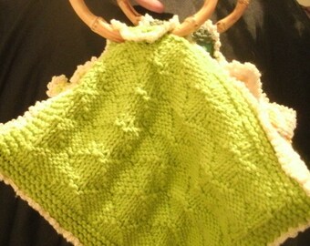 Green and Yellow Multi Color Hand Knit Purse Unique Four Sided Bag Handbag