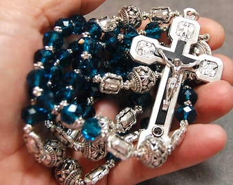Blue Aqua Rosary Stations of the Cross Silver cable by HeartFeltRosaries d