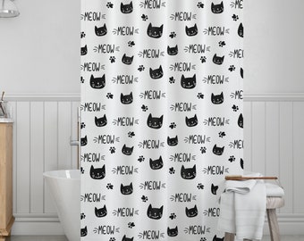 Shower Curtain Cat Meow Print Cat Lover Gift Home Bathroom Decor Housewarming Gift for Her Black and White Curtain