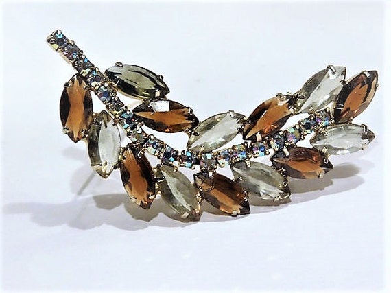 Rhinestone Leaf Brooch / Aurora Borealis