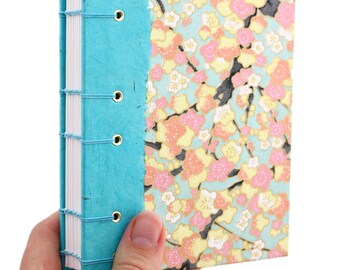 Lay Flat Journal - Unlined Journal - Blue and Pink Cherry Blossoms - Japanese Chiyogami Paper - 160 Pages - handmade by Ruth Bleakley