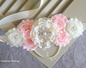 Blush Ivory Maternity Sash, Blush Pink Sash, Girl Maternity Sash, Flower Sash, Belly Sash, Baby Shower Sash, RTS, Blush Pink, Ivory