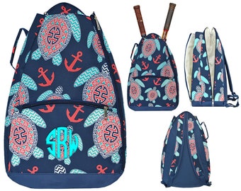 Personalized Tennis Racquet Backpack | Tennis Racquet Bag | Monogram Tennis Backpack | Tennis Racquet Bag | Turtle Anchor Tennis Racquet Bag